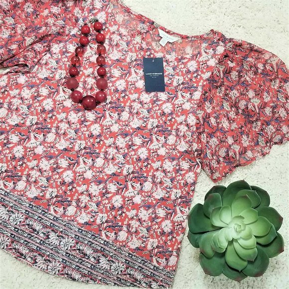 Top, Blouse. Terracotta, Ivory, Blue Floral Print. Lucky Brand. Size S/P. NWT - Picture 6 of 11